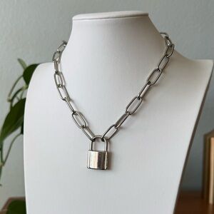 Y2K Silver Tone Paperclip Chain Necklace with Padlock Pendant 16” with Extender